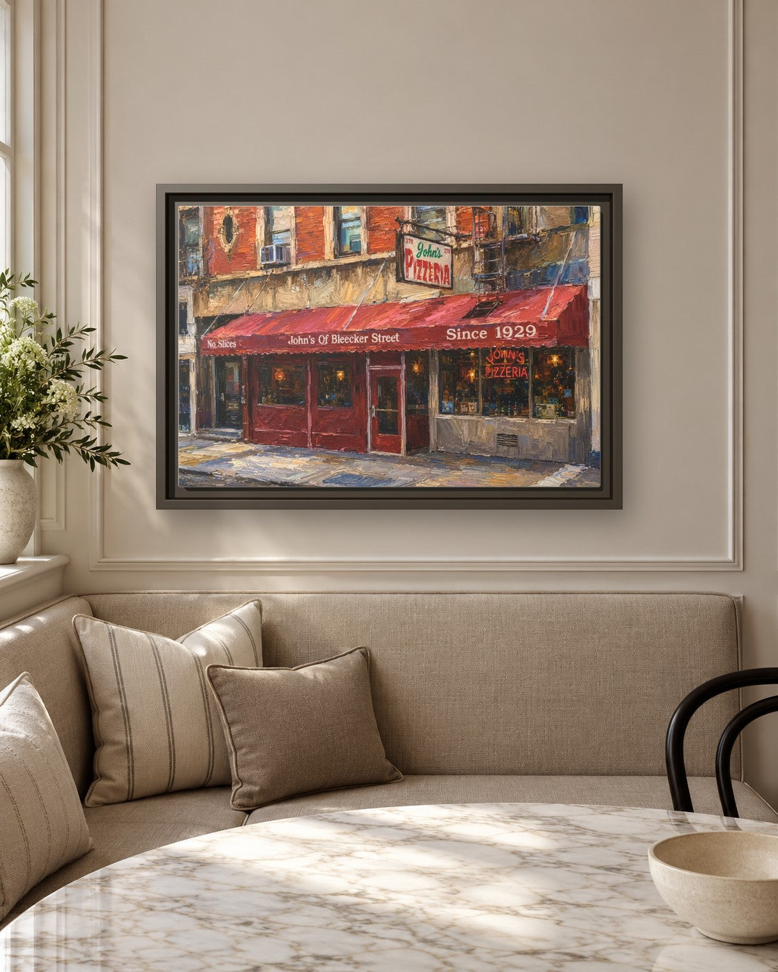 John's of Bleecker Street framed canvas print in a breakfast nook
