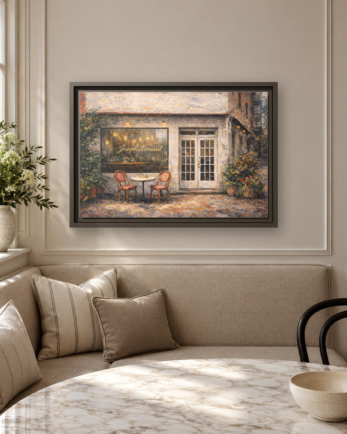 Joseph Leonard framed canvas print in a breakfast nook