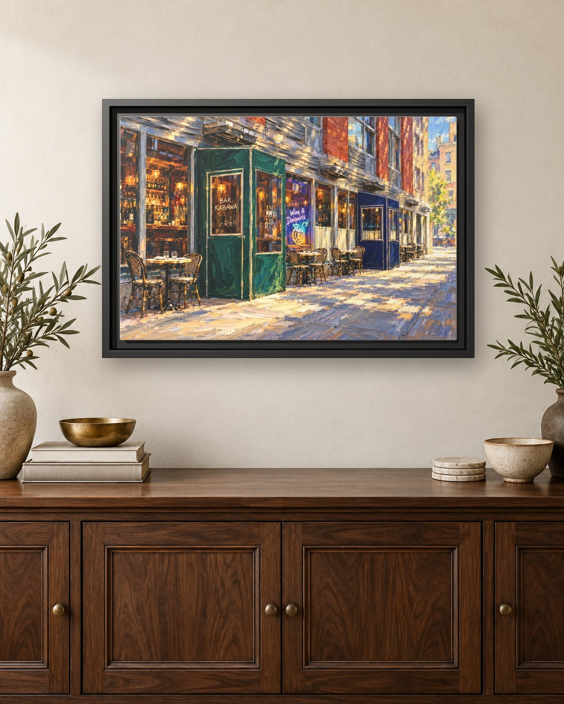 Kabawa framed canvas print hanging above a credenza