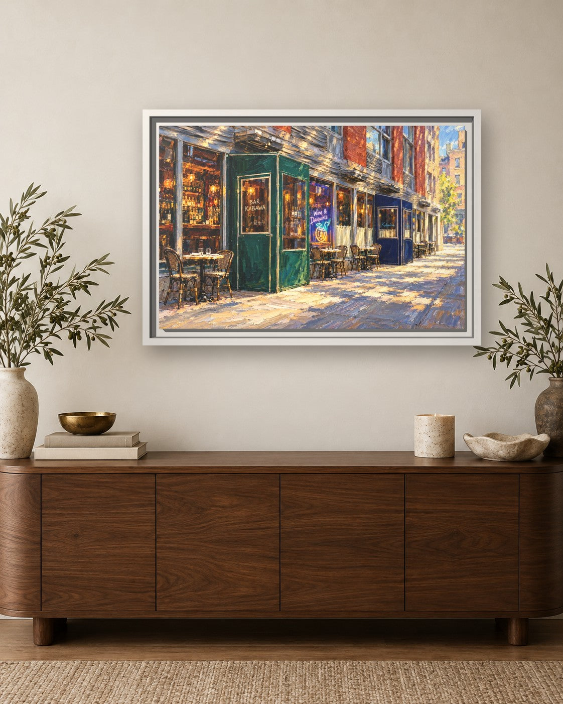 Kabawa framed canvas print hanging above a sideboard