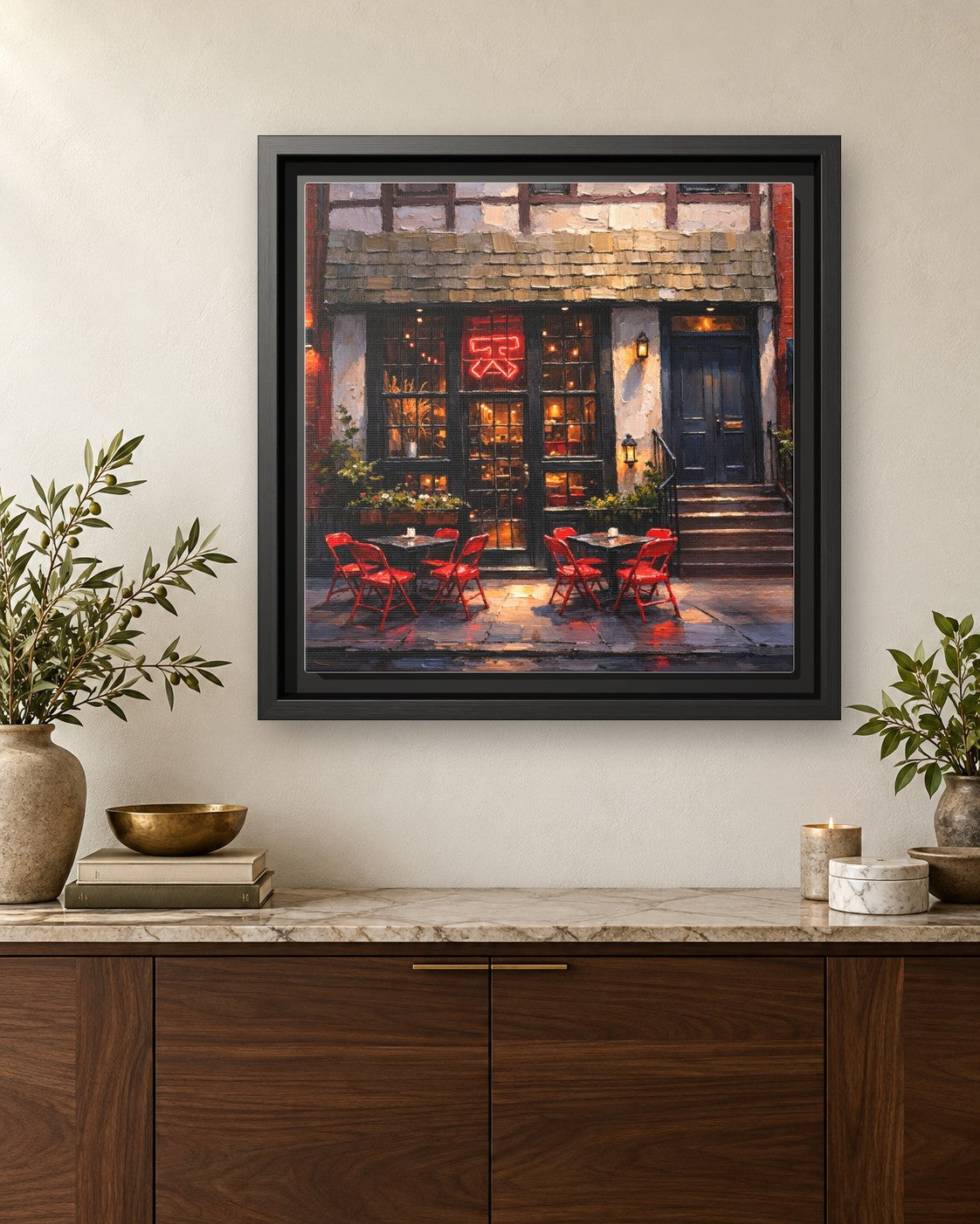 Katana Kitten framed canvas print hanging above a credenza