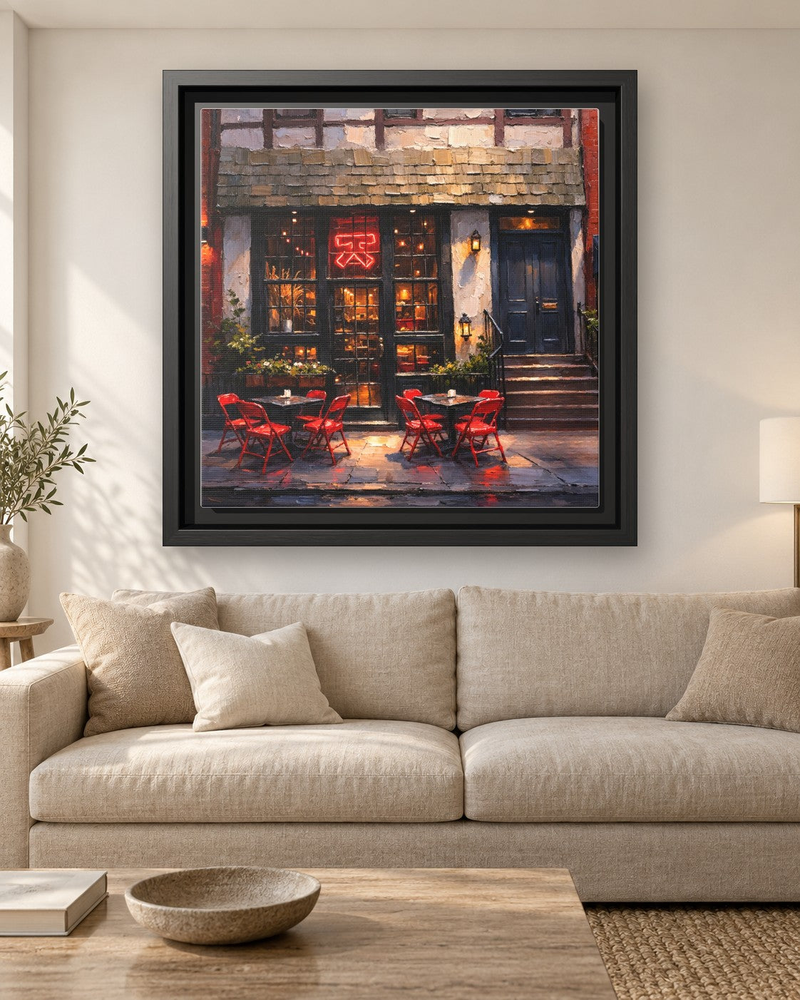 Katana Kitten framed canvas print hanging above a sofa