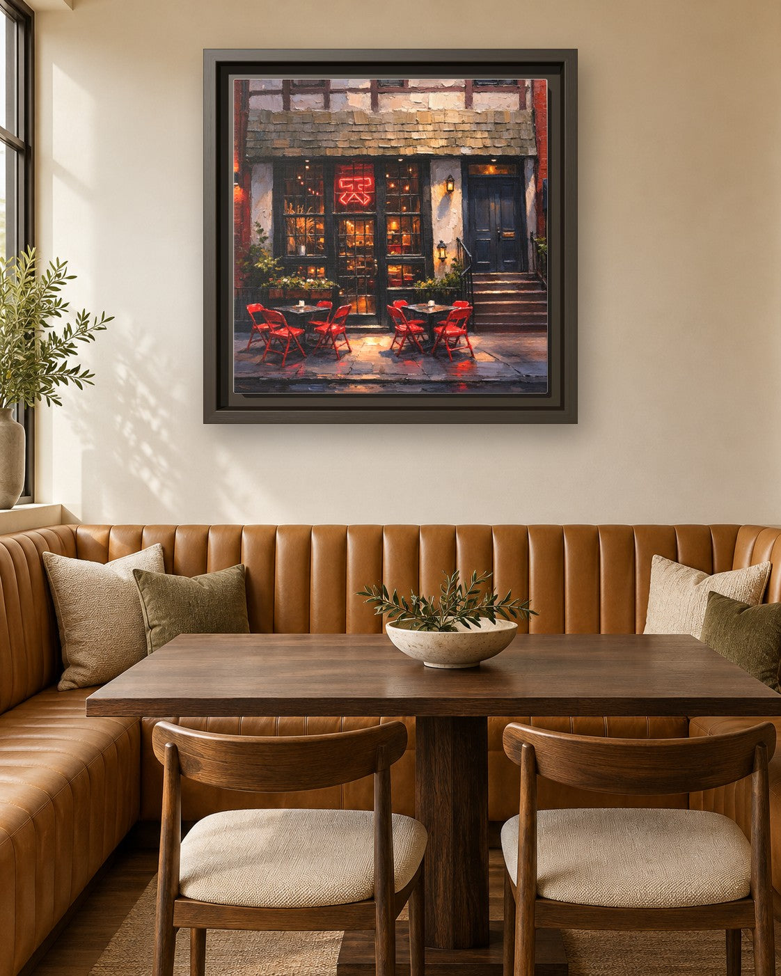 Katana Kitten framed canvas print in a breakfast nook