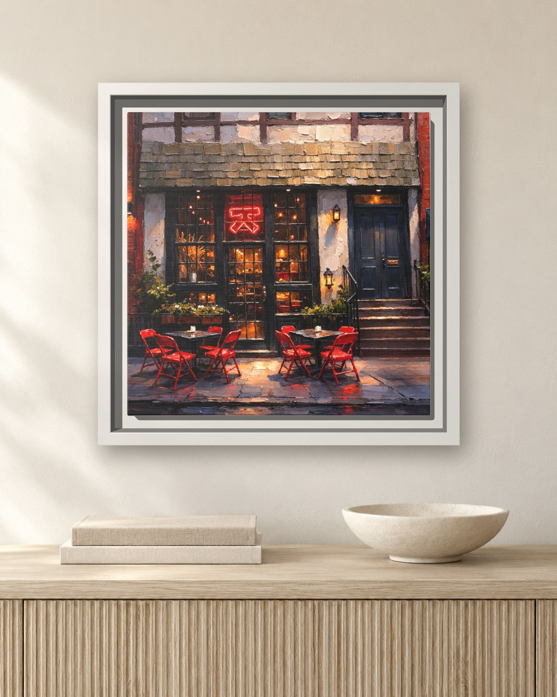 Katana Kitten framed canvas print hanging above a sideboard