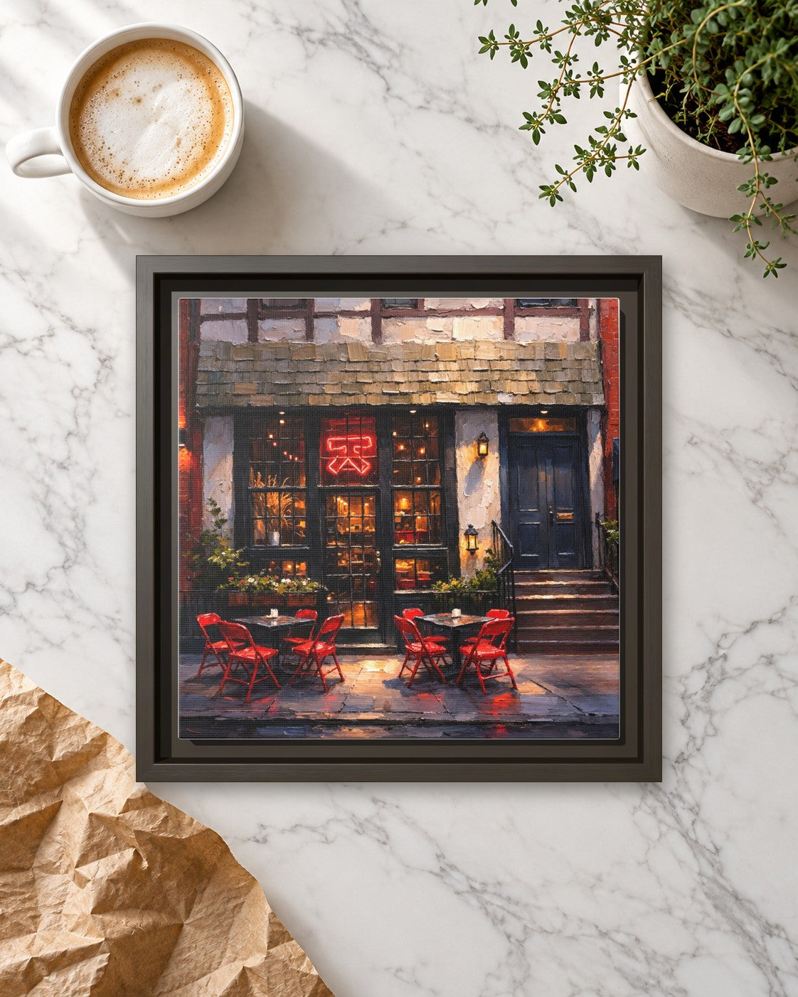Katana Kitten framed canvas print lying on a table
