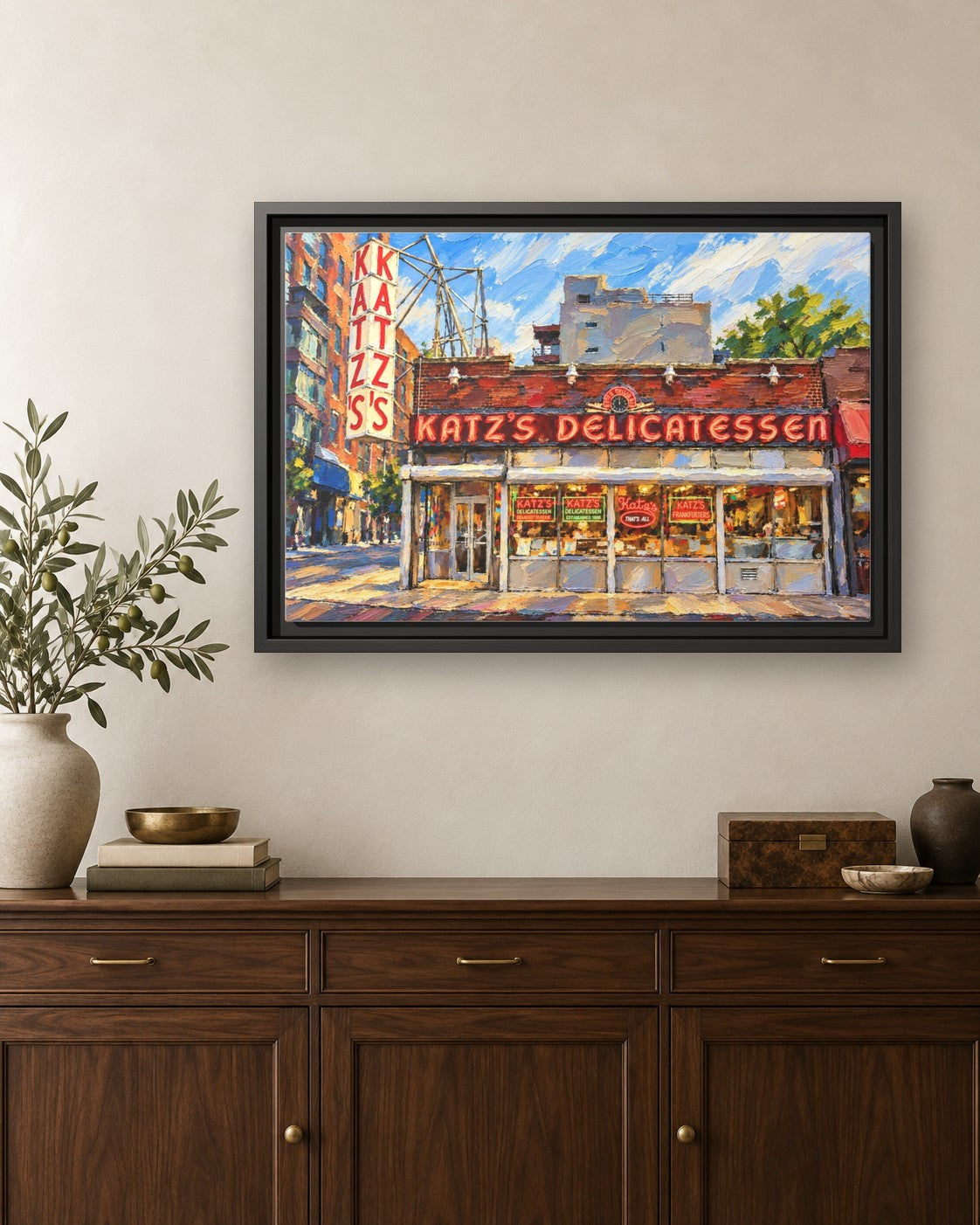 Katz's Deli framed canvas print hanging above a credenza