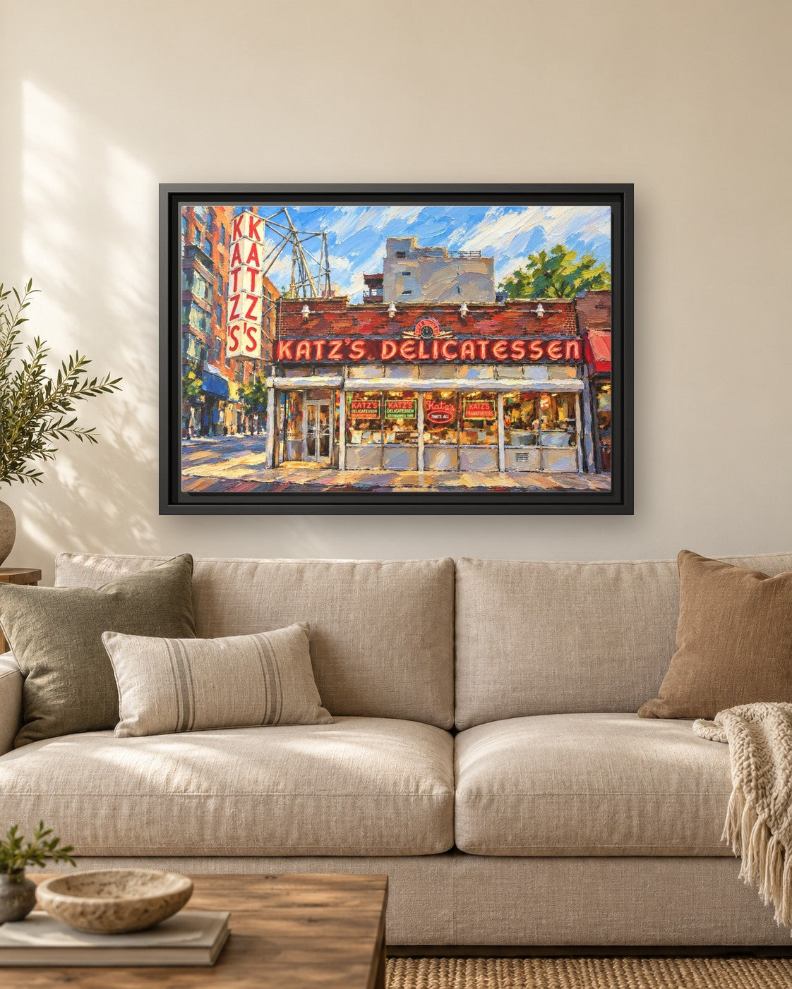 Katz's Deli framed canvas print hanging above a sofa