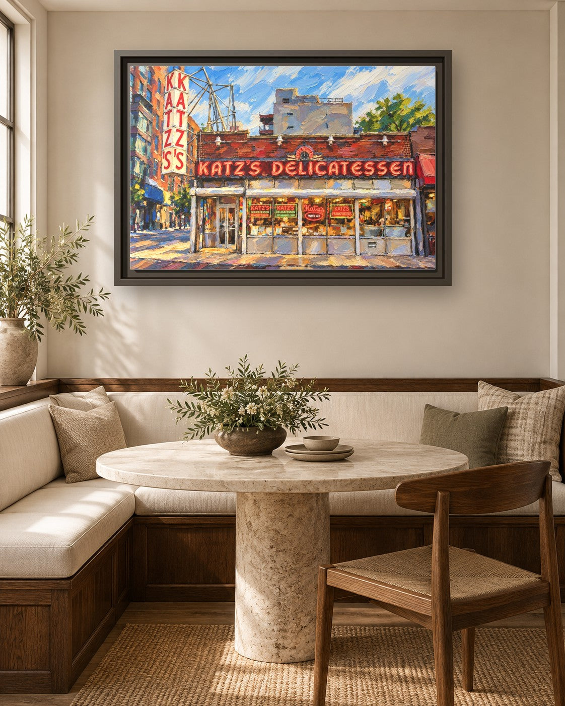 Katz's Deli framed canvas print in a breakfast nook