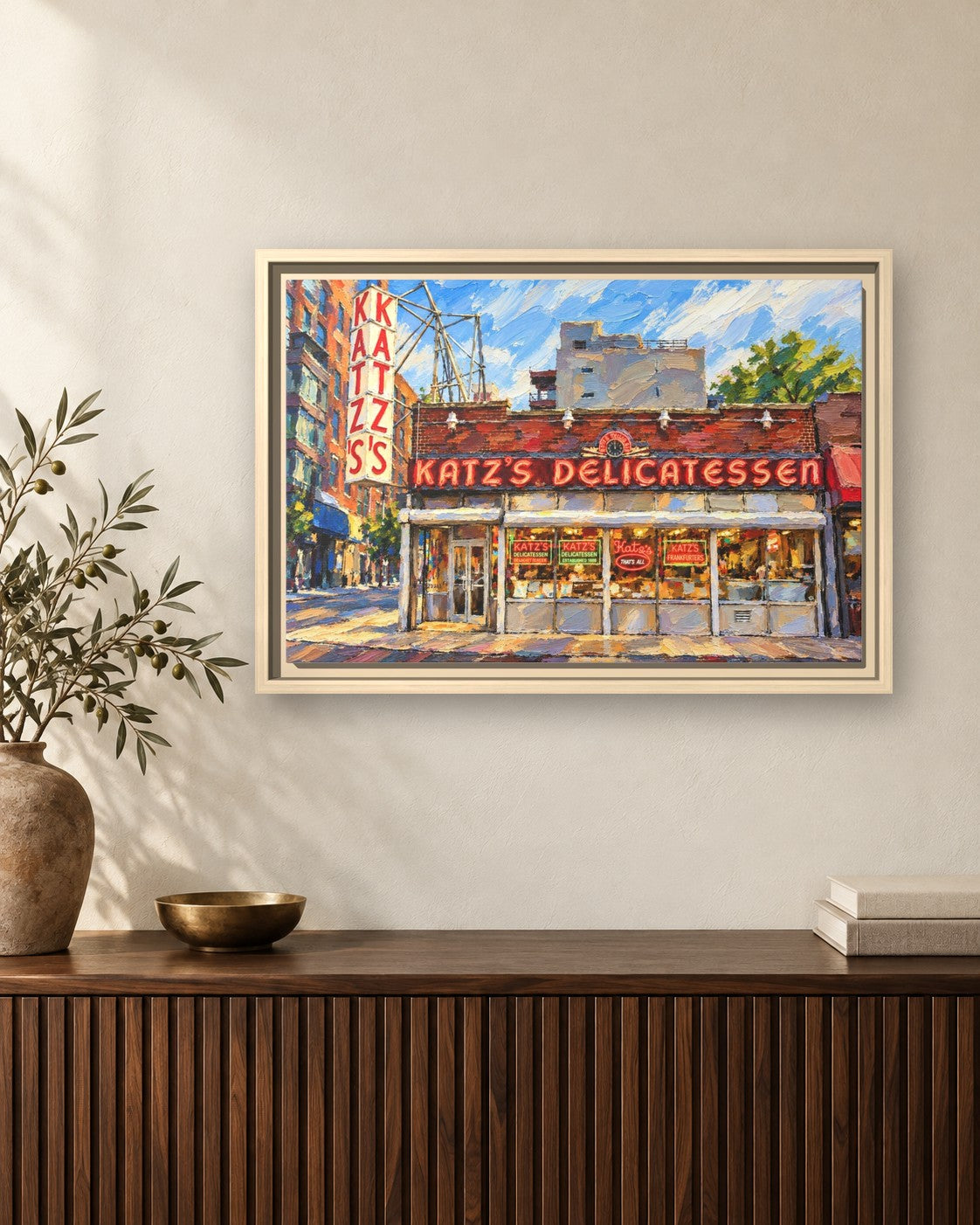 Katz's Deli framed canvas print hanging above a sideboard