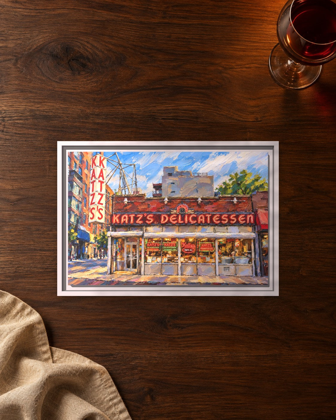 Katz's Deli framed canvas print lying on a table