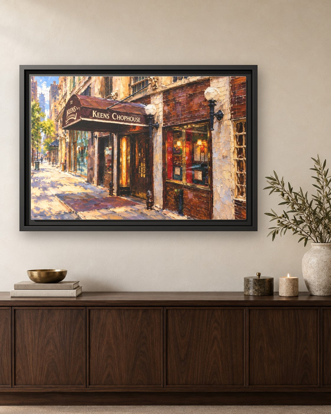 Keens Steakhouse framed canvas print hanging above a credenza