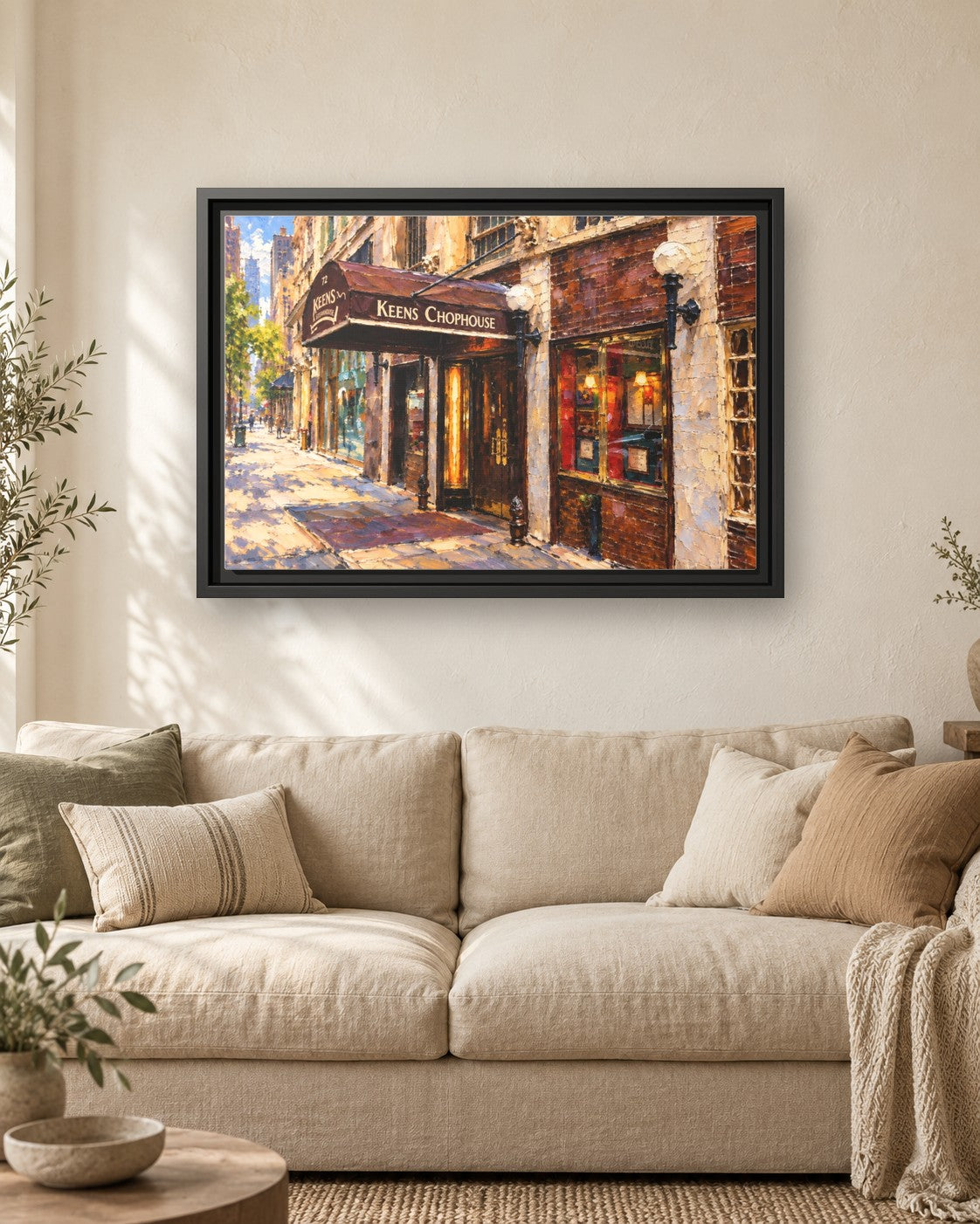 Keens Steakhouse framed canvas print hanging above a sofa