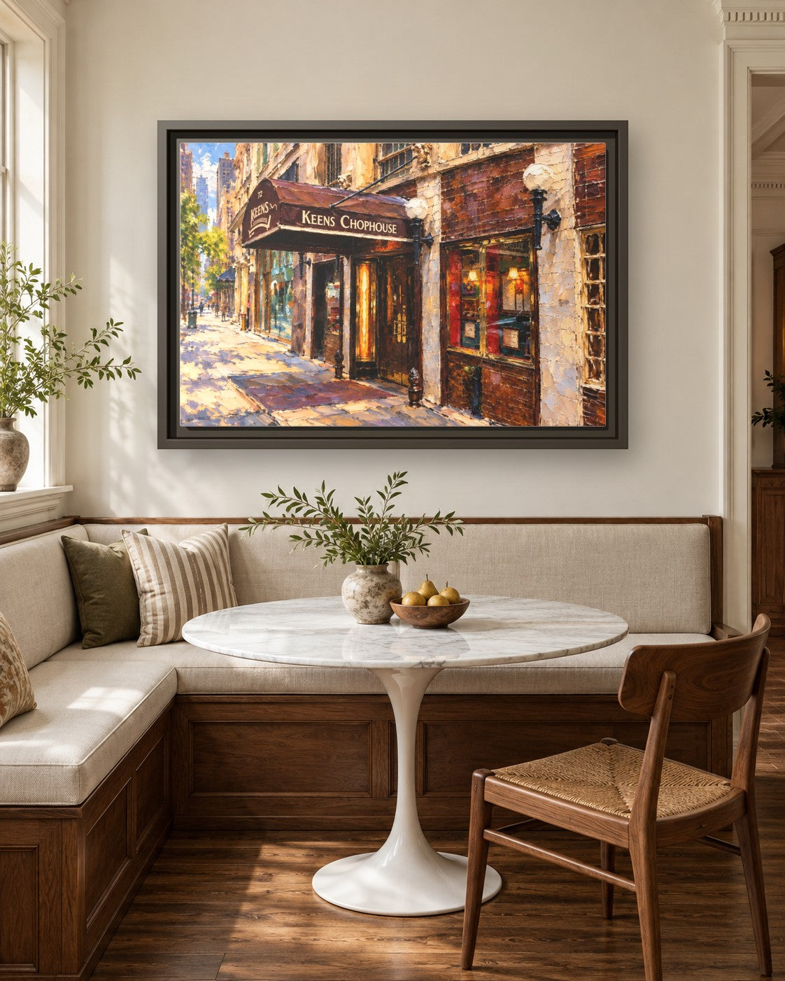 Keens Steakhouse framed canvas print in a breakfast nook