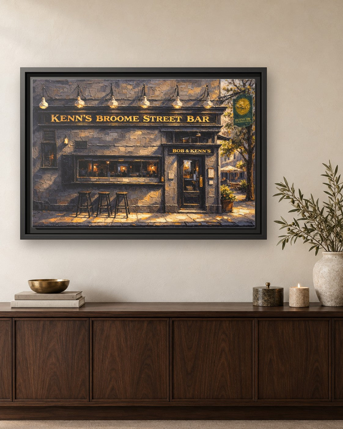Ken's Broom Street Bar framed canvas print hanging above a credenza