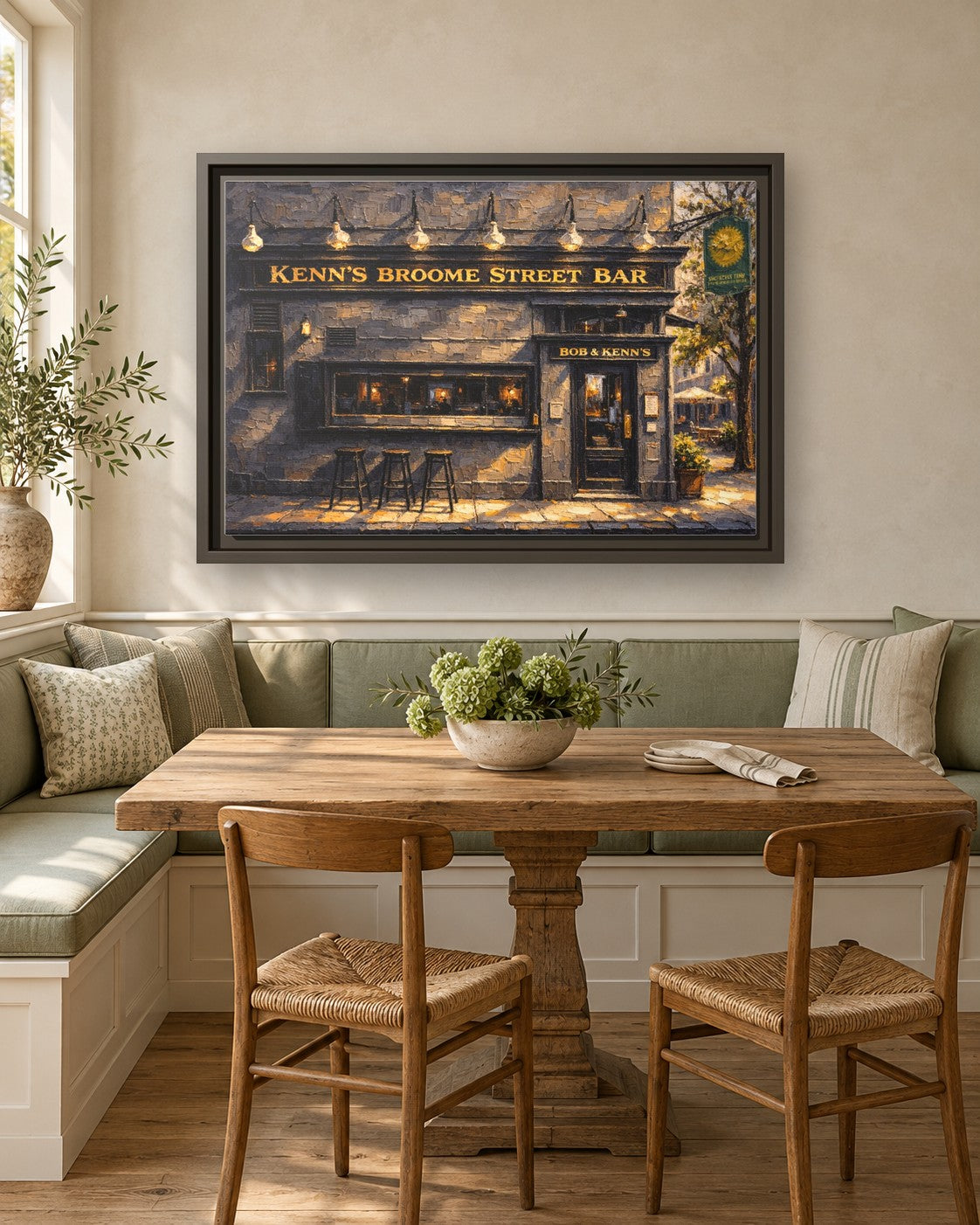 Ken's Broom Street Bar framed canvas print in a breakfast nook