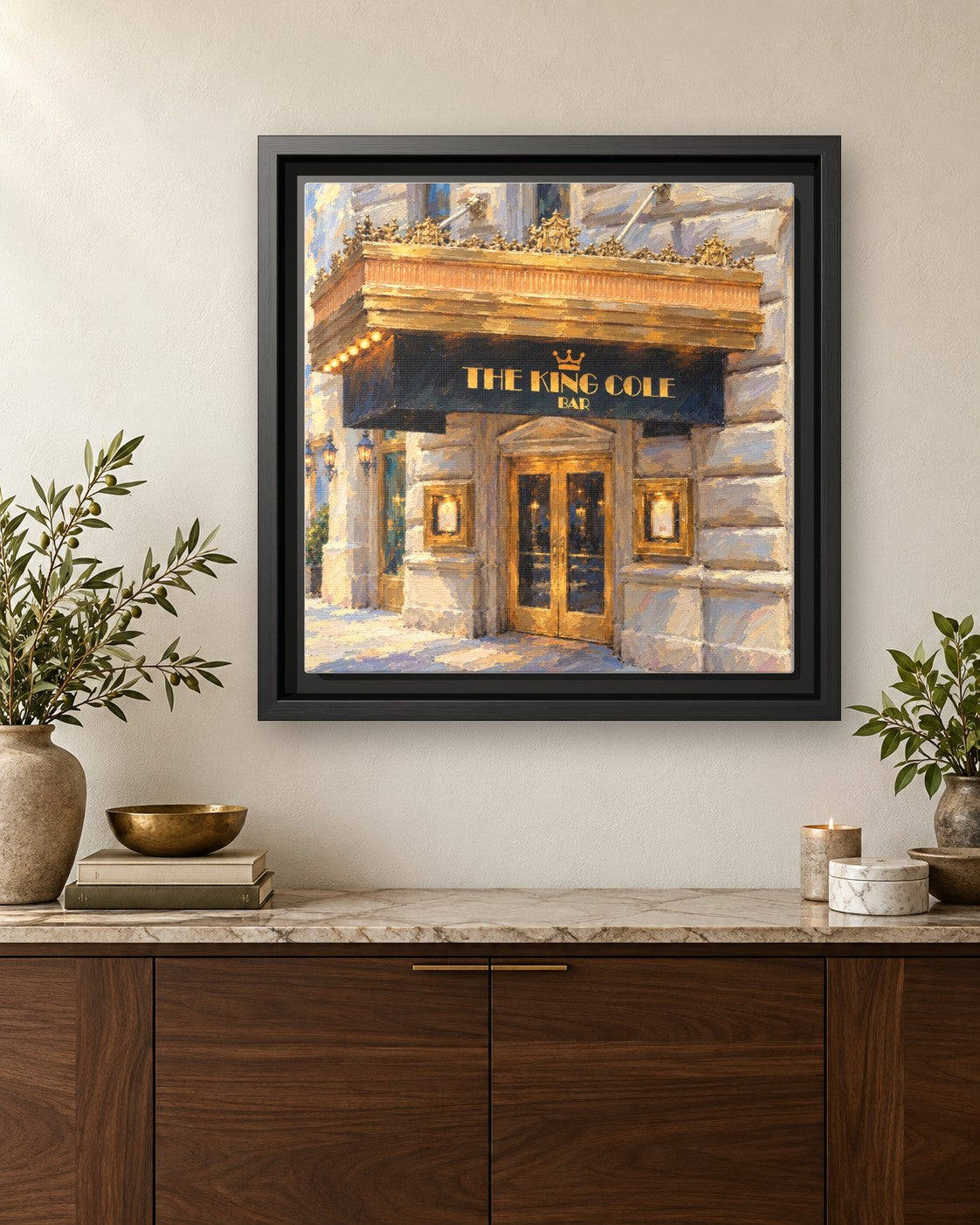 King Cole Bar framed canvas print hanging above a credenza