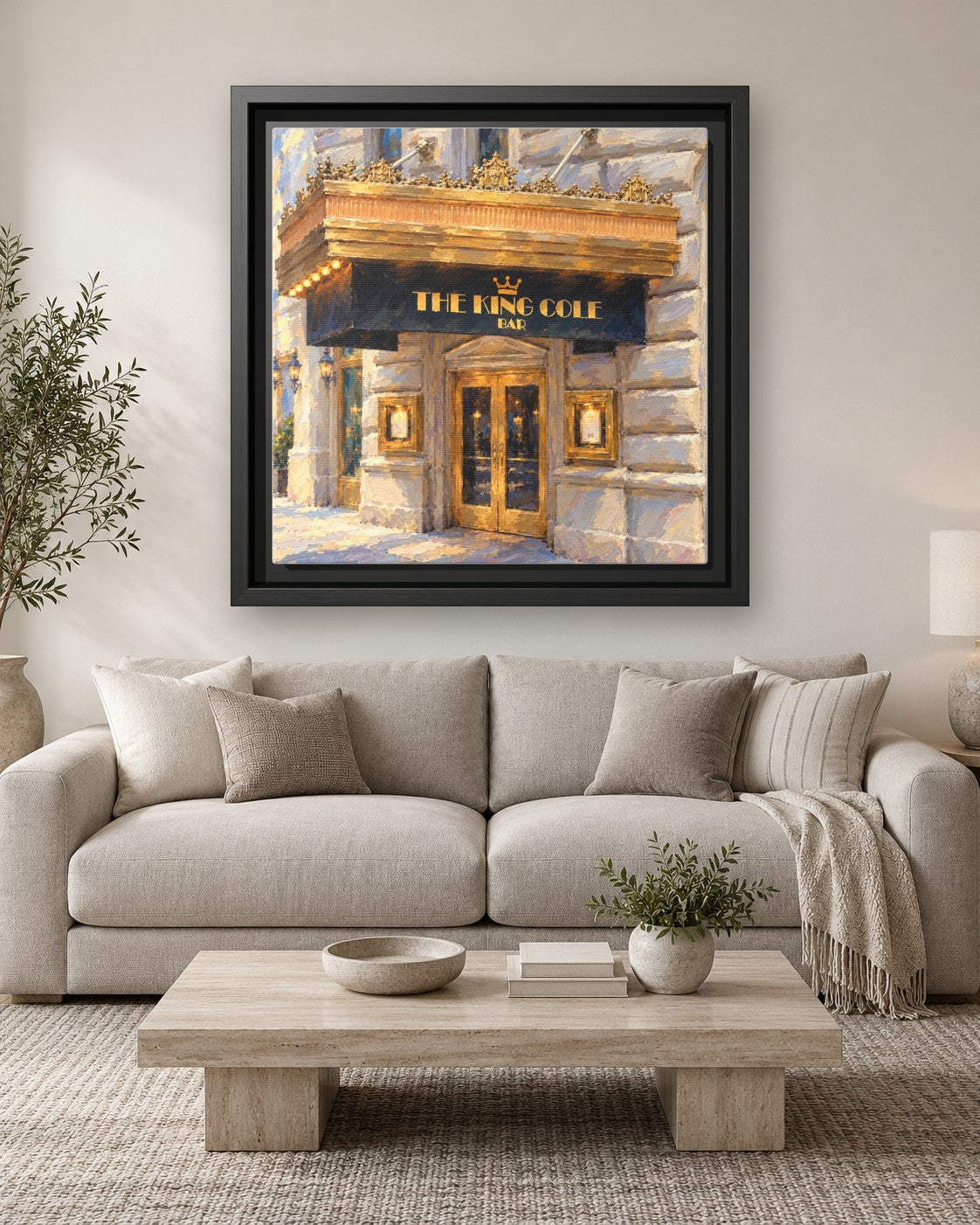 King Cole Bar framed canvas print hanging above a sofa