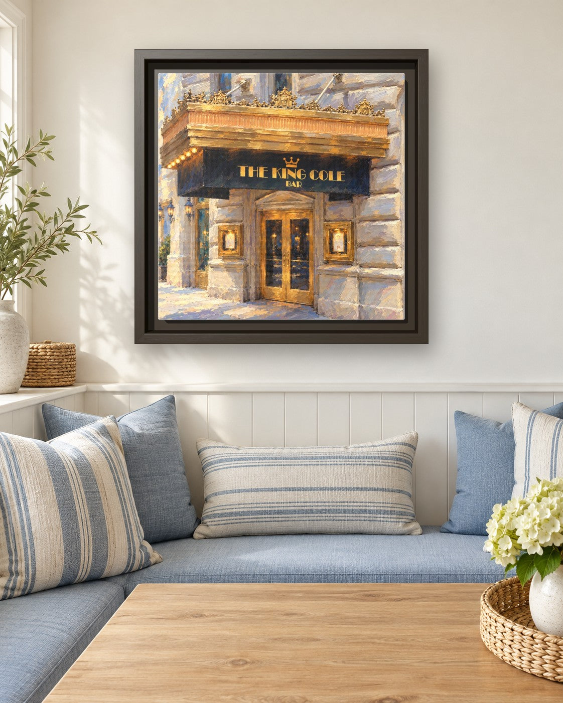 King Cole Bar framed canvas print in a breakfast nook