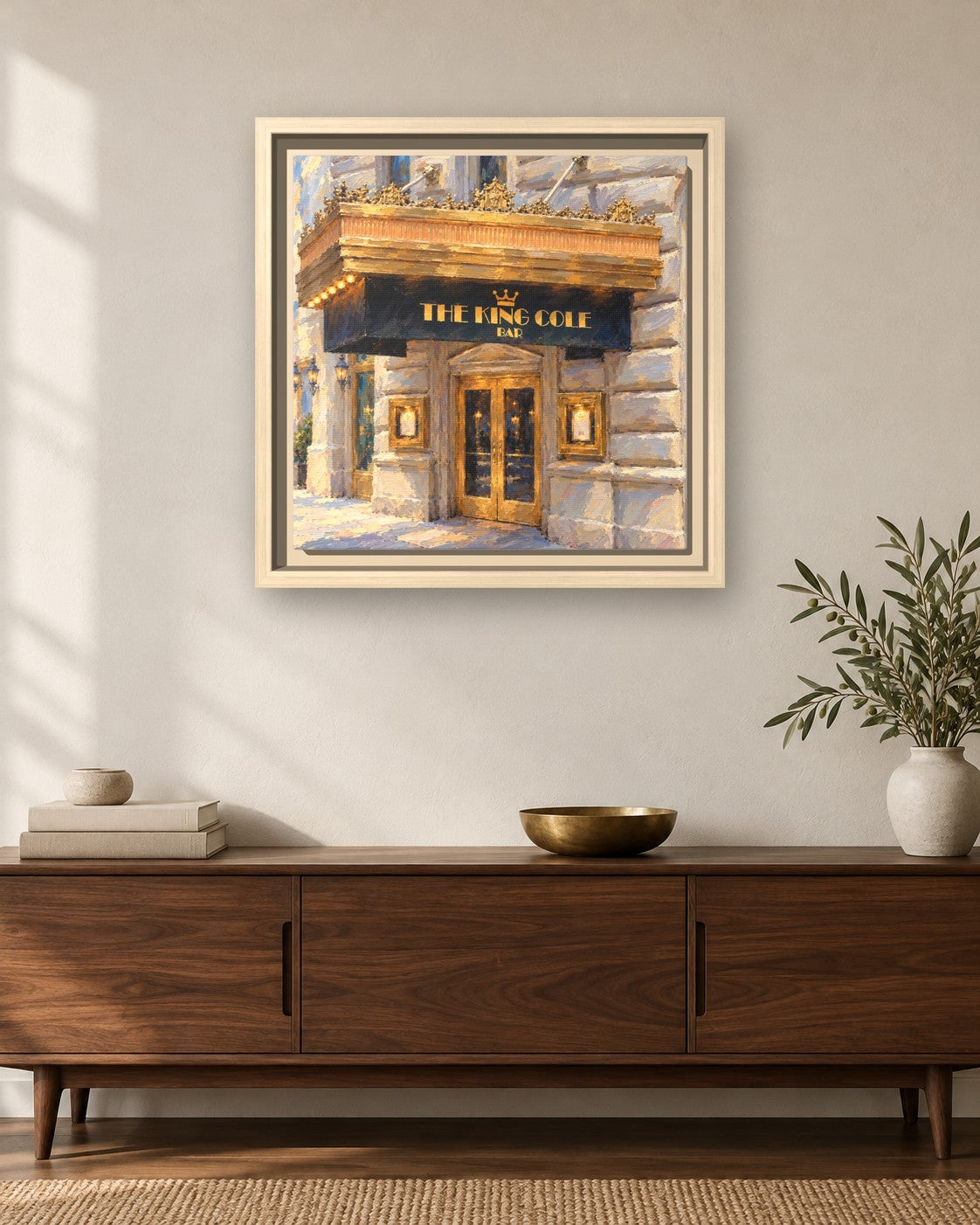 King Cole Bar framed canvas print hanging above a sideboard