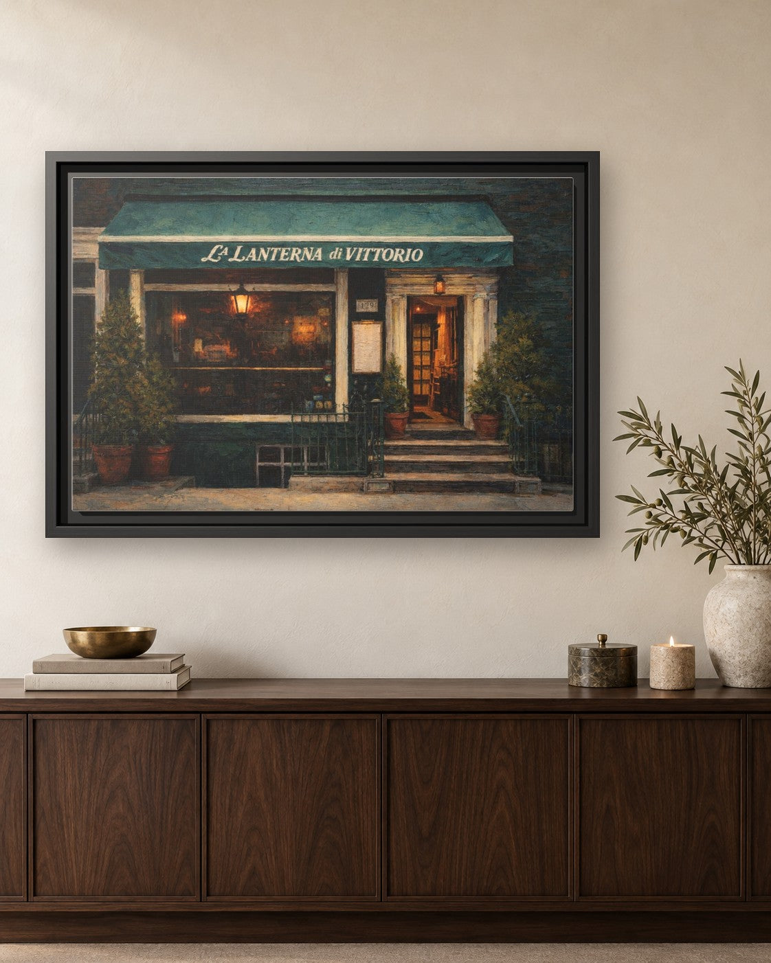 La Lanterna Di Vittorio framed canvas print hanging above a credenza