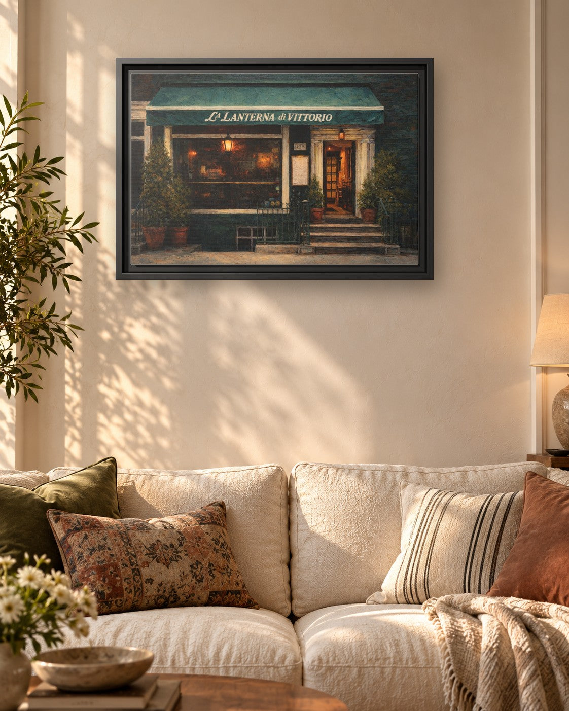 La Lanterna Di Vittorio framed canvas print hanging above a sofa