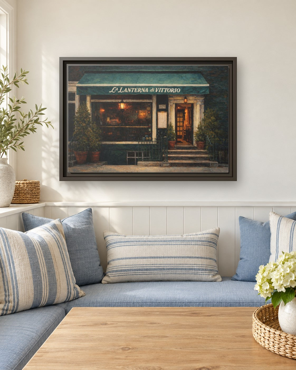 La Lanterna Di Vittorio framed canvas print in a breakfast nook