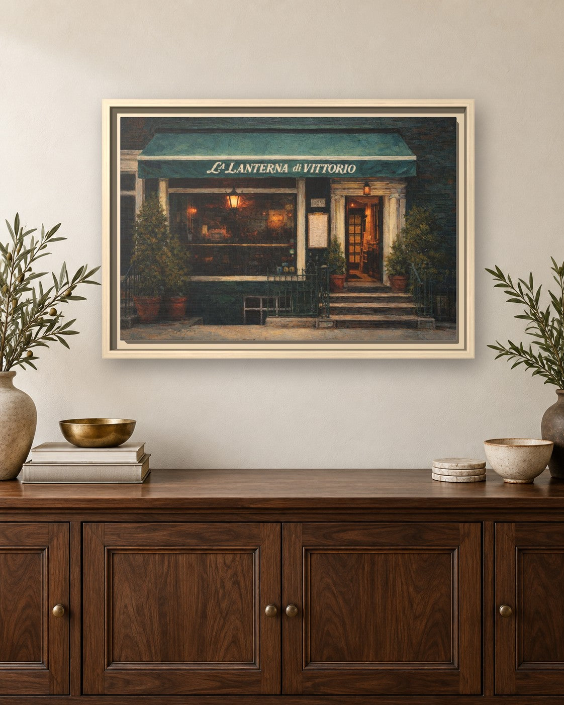 La Lanterna Di Vittorio framed canvas print hanging above a sideboard