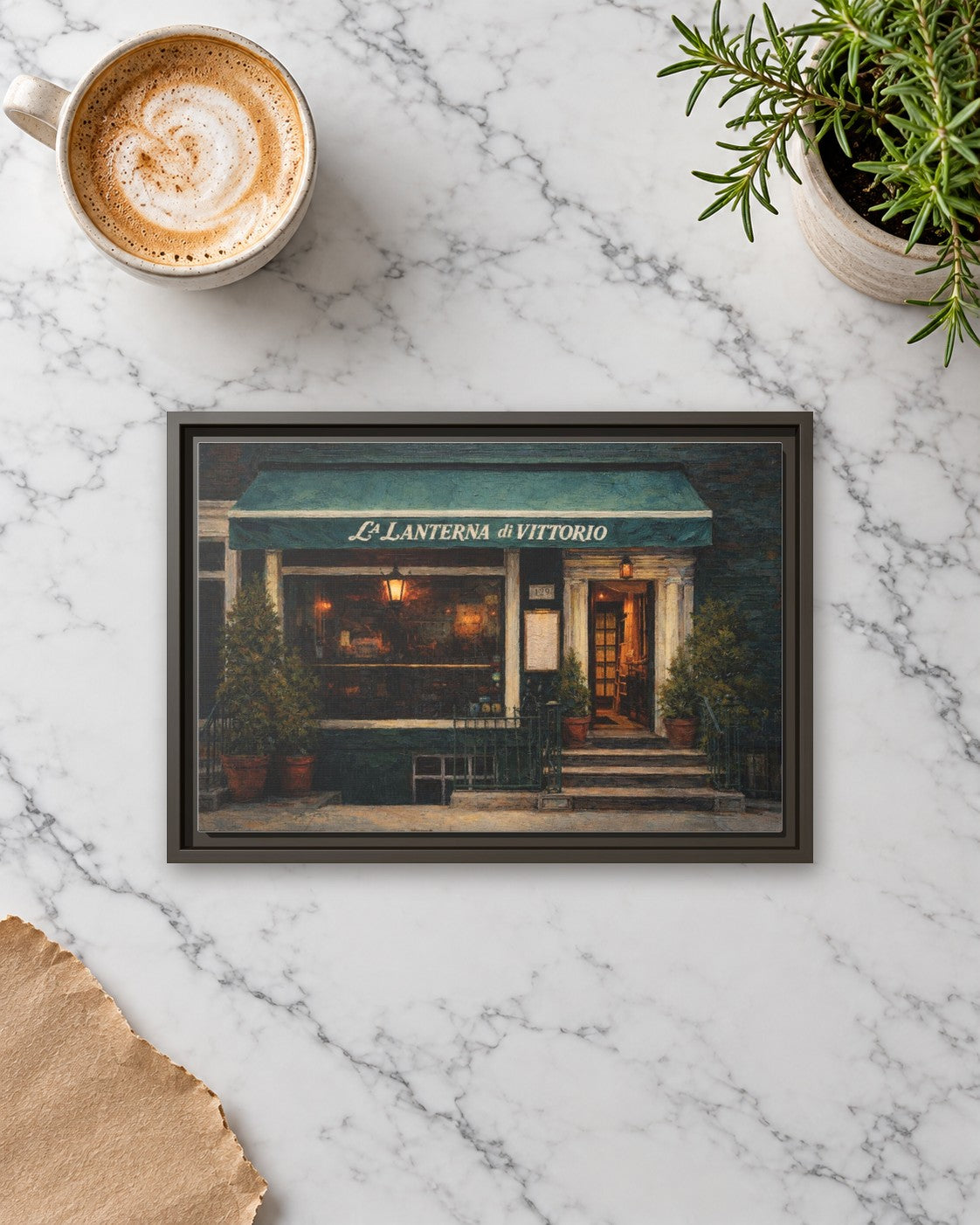 La Lanterna Di Vittorio framed canvas print lying on a table