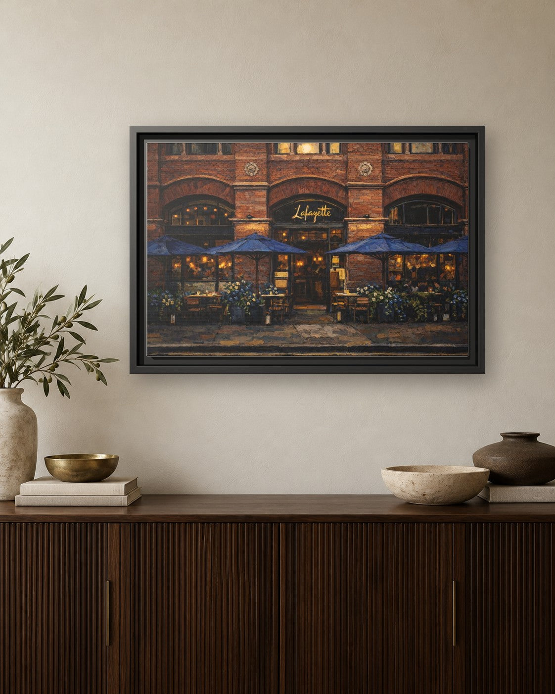 Lafayette framed canvas print hanging above a credenza