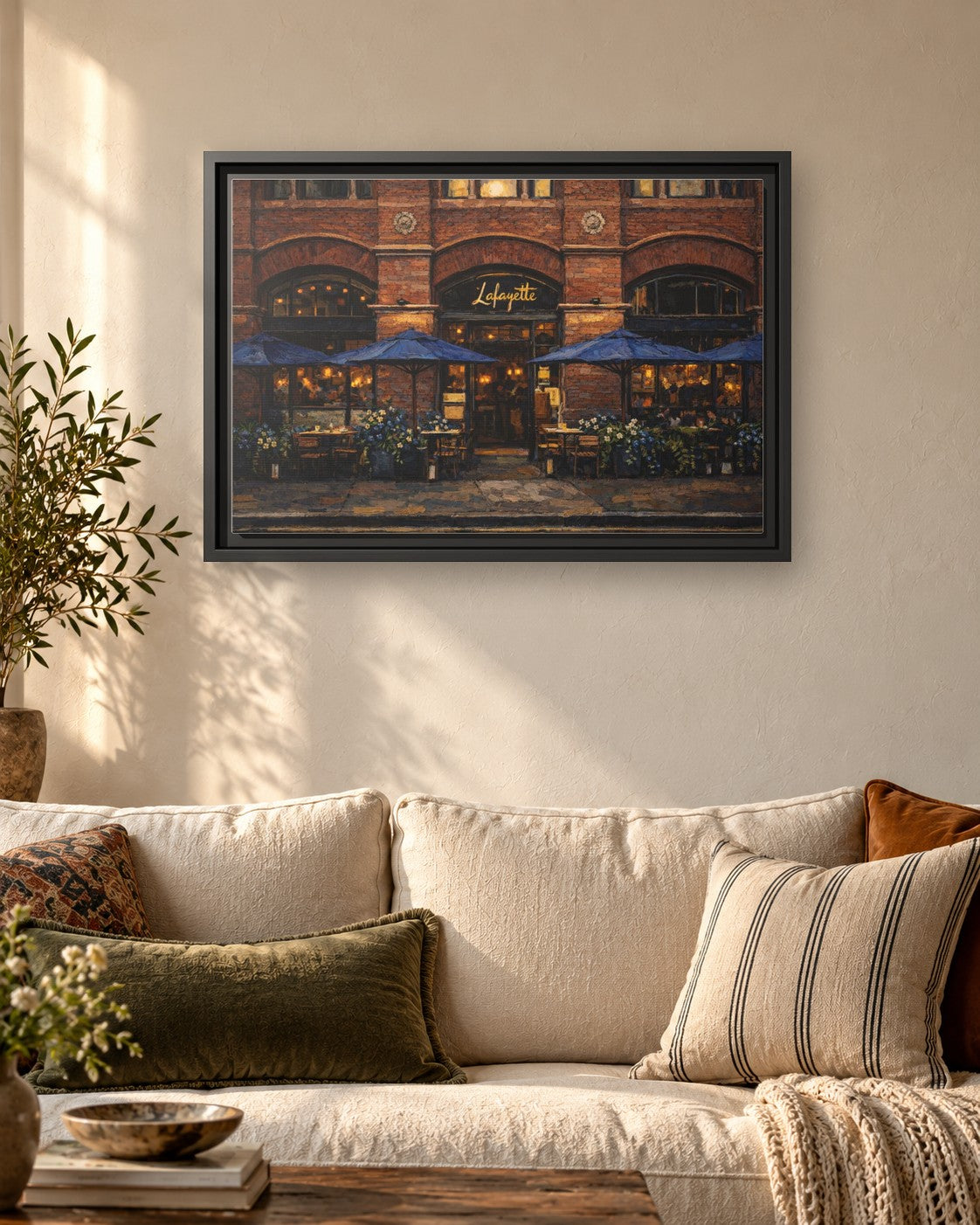 Lafayette framed canvas print hanging above a sofa
