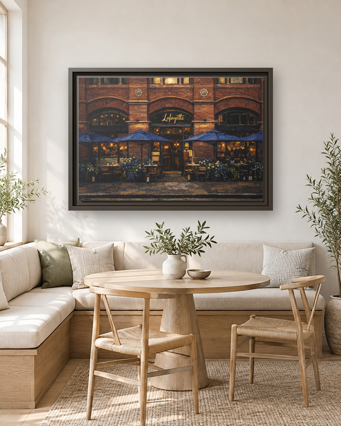 Lafayette framed canvas print in a breakfast nook
