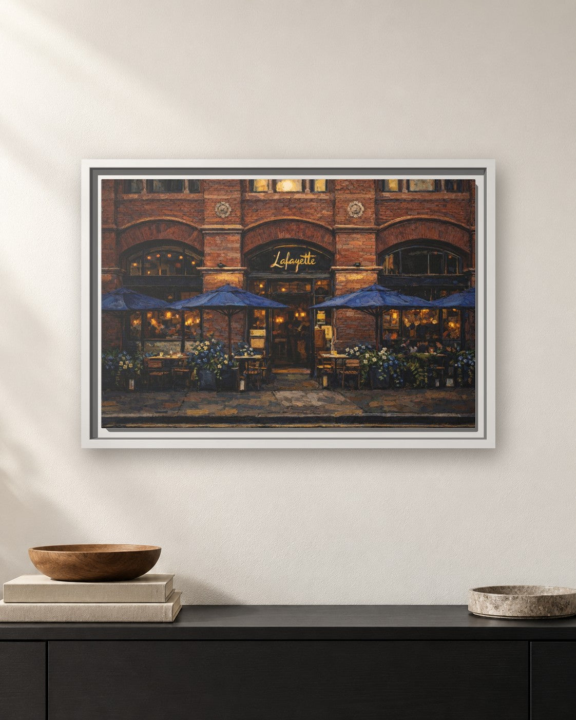 Lafayette framed canvas print hanging above a sideboard