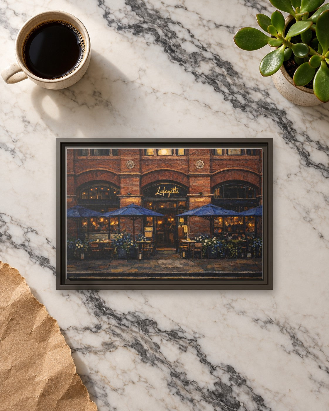 Lafayette framed canvas print lying on a table