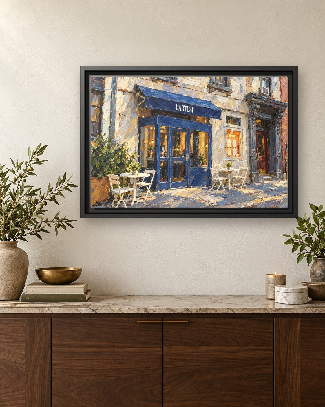 L'Artusi framed canvas print hanging above a credenza