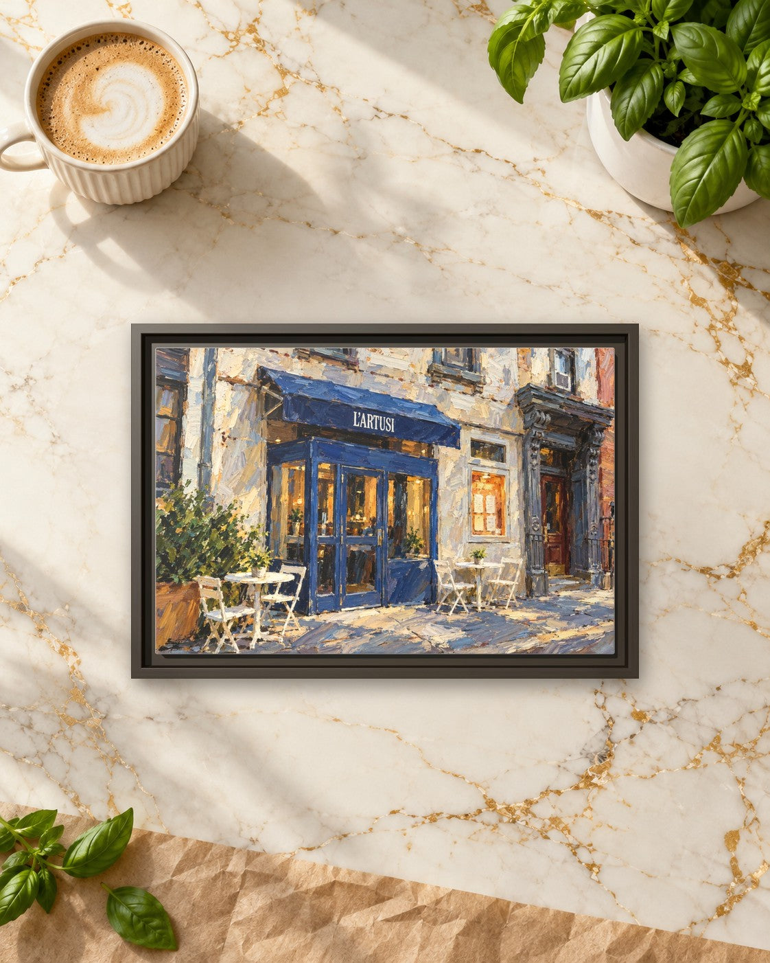 L'Artusi framed canvas print lying on a table