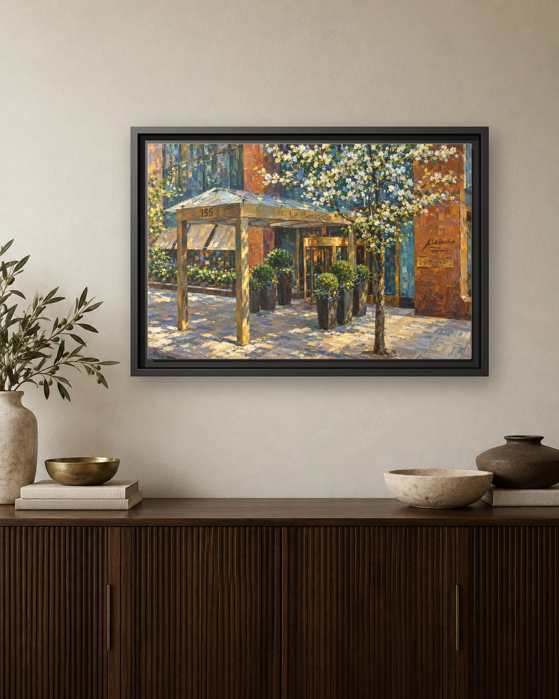 Le Bernardin framed canvas print hanging above a credenza