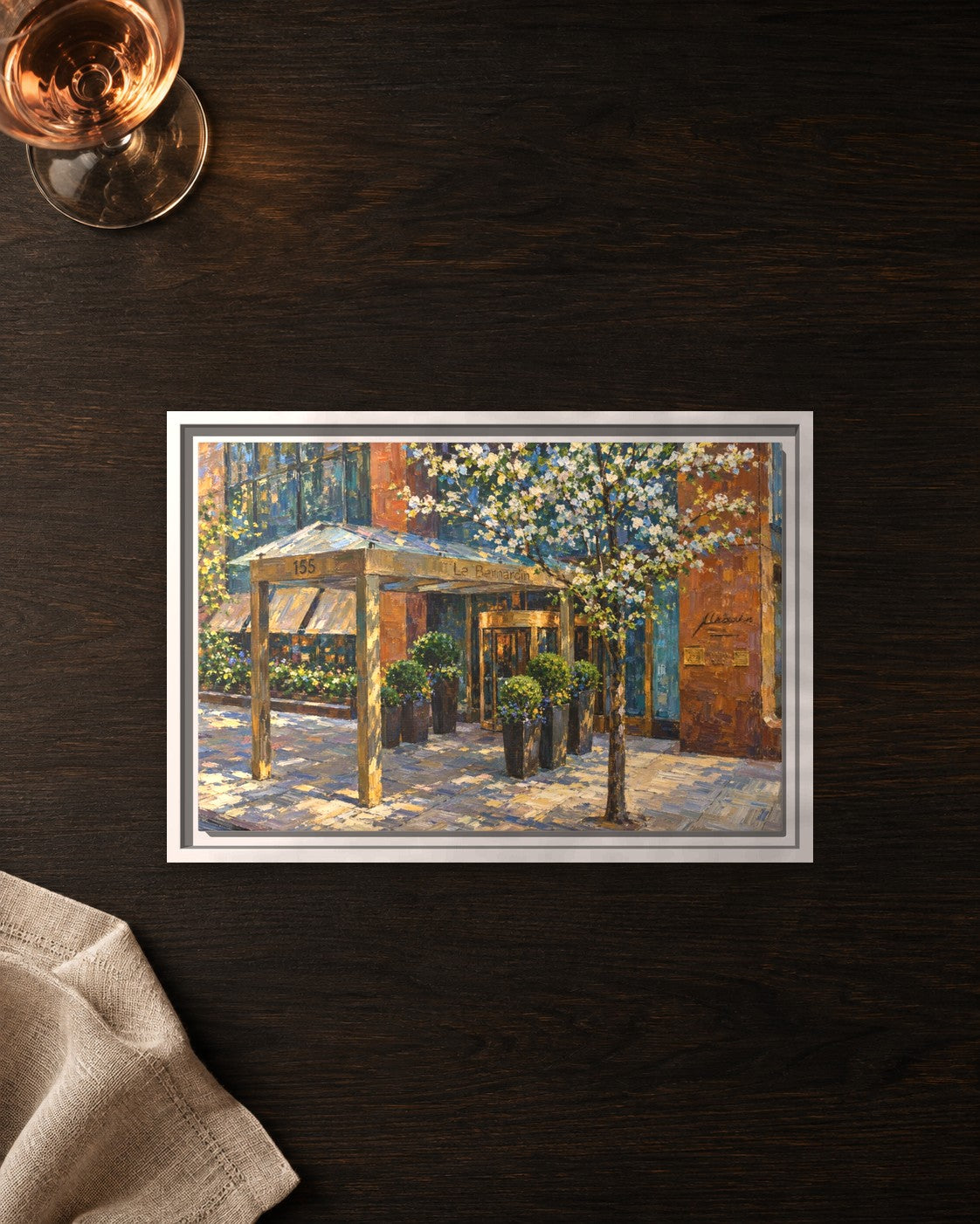 Le Bernardin framed canvas print lying on a table