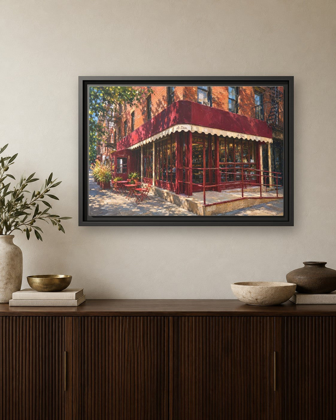 Le Dive framed canvas print hanging above a credenza