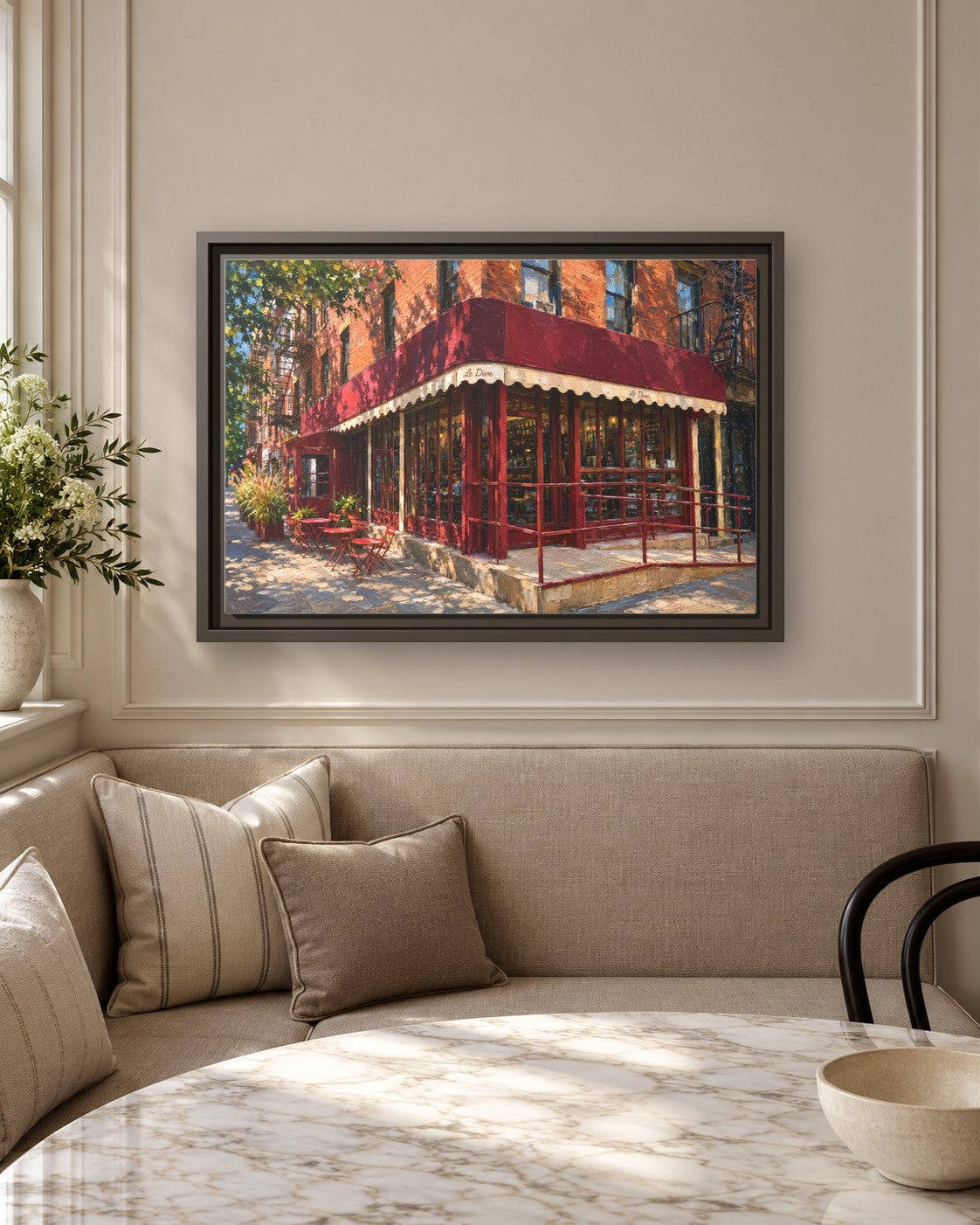 Le Dive framed canvas print in a breakfast nook