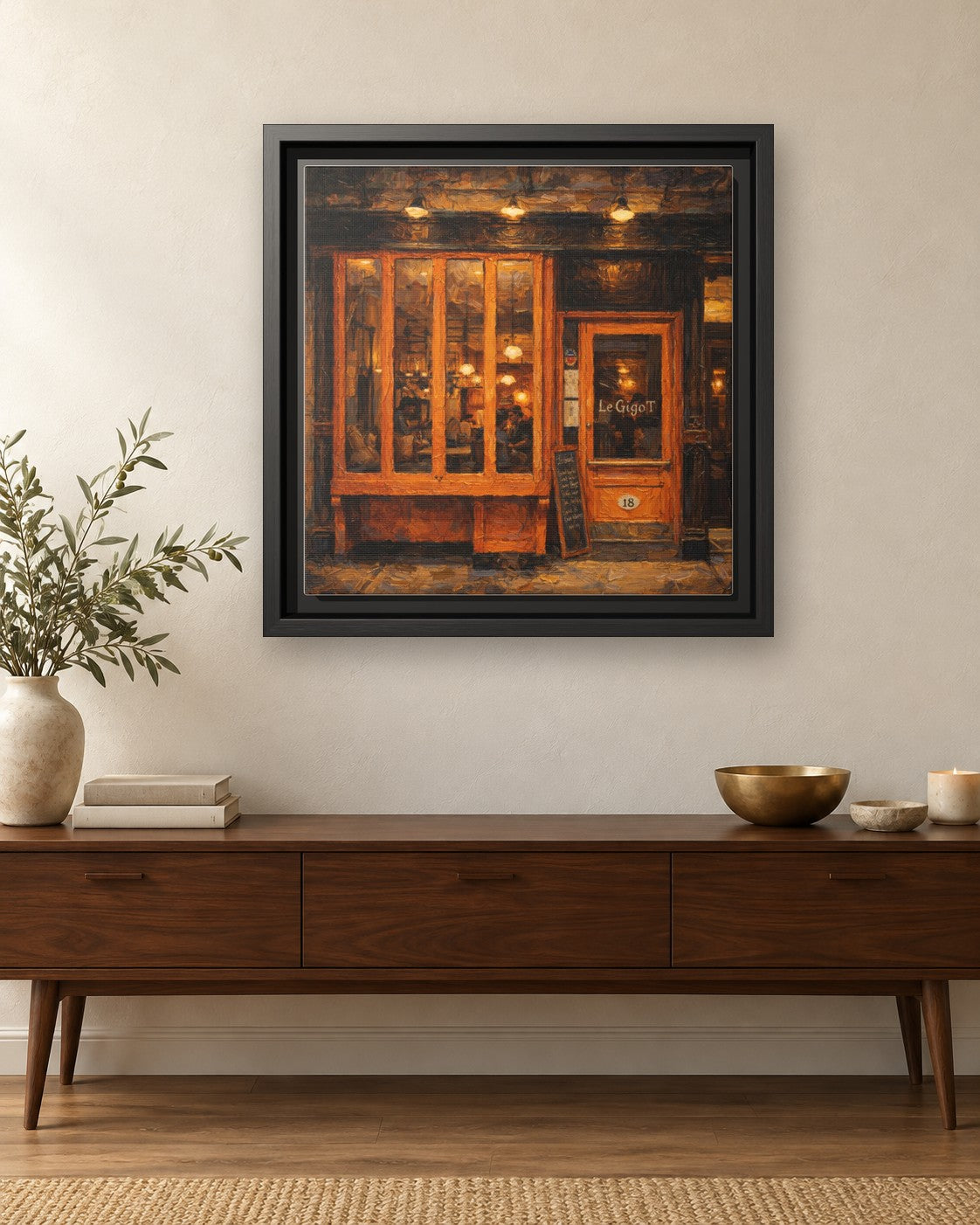 Le Gigot framed canvas print hanging above a credenza