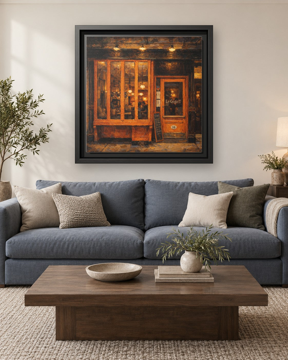 Le Gigot framed canvas print hanging above a sofa