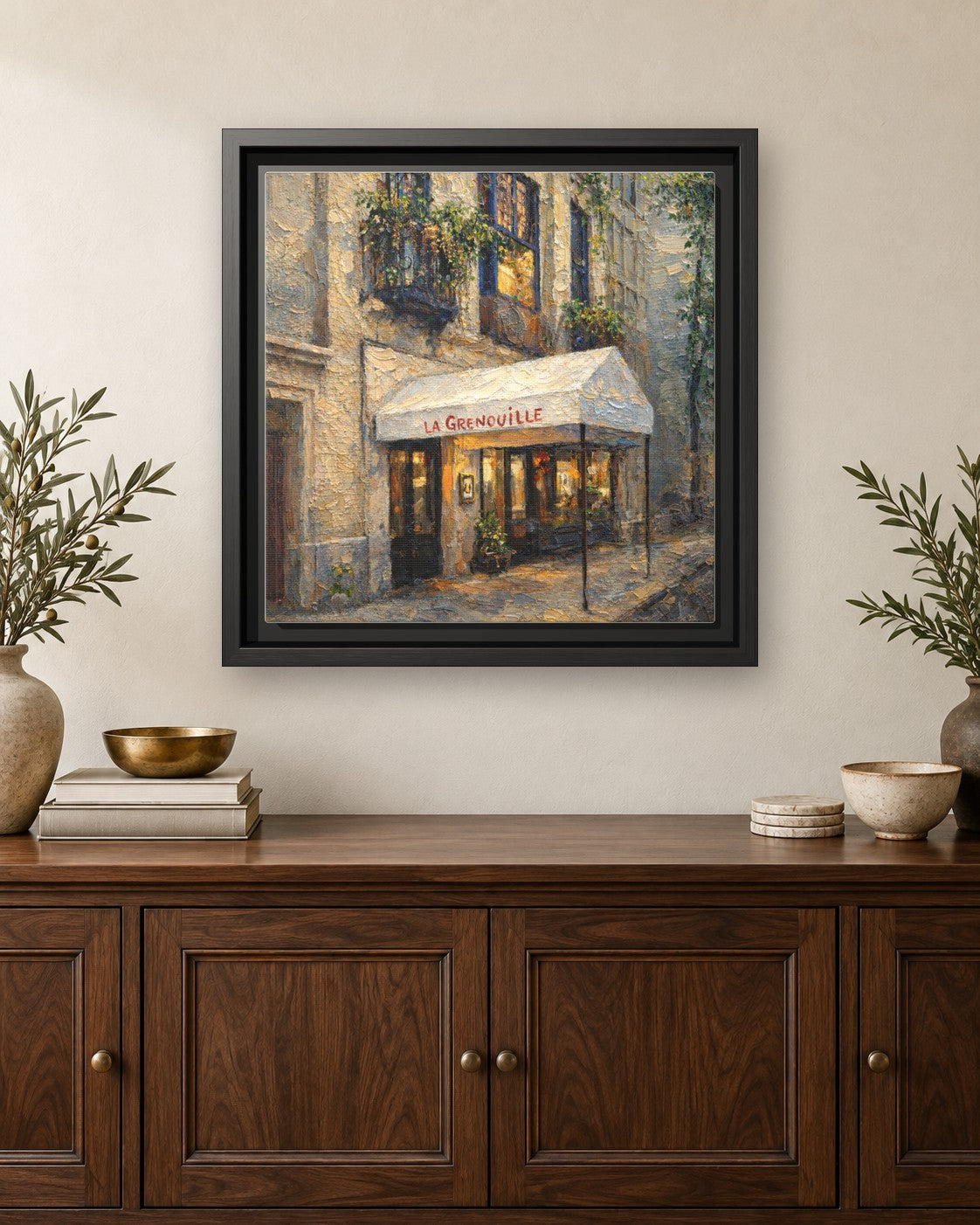 La Grenouille framed canvas print hanging above a credenza