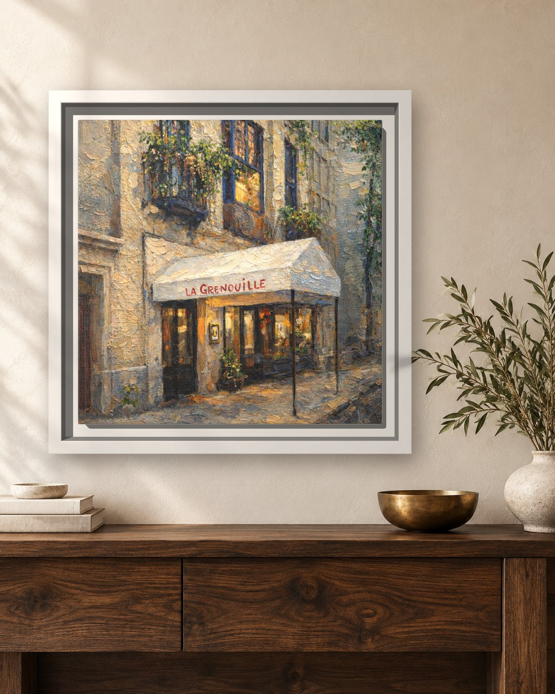 La Grenouille framed canvas print hanging above a sideboard