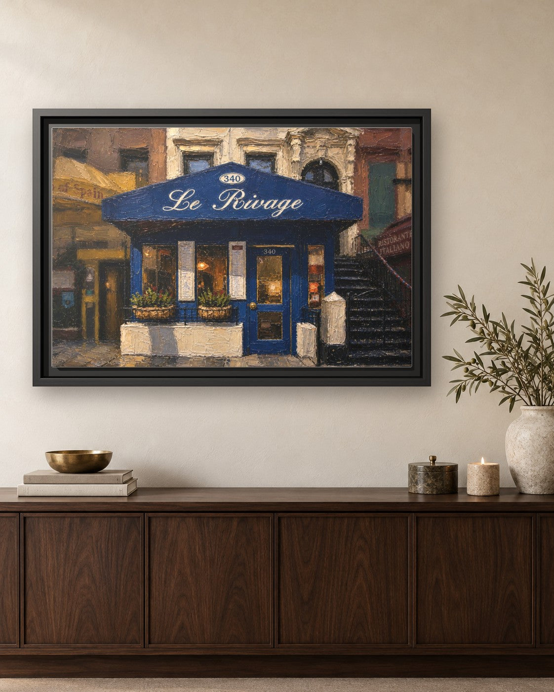 Le Rivage framed canvas print hanging above a credenza