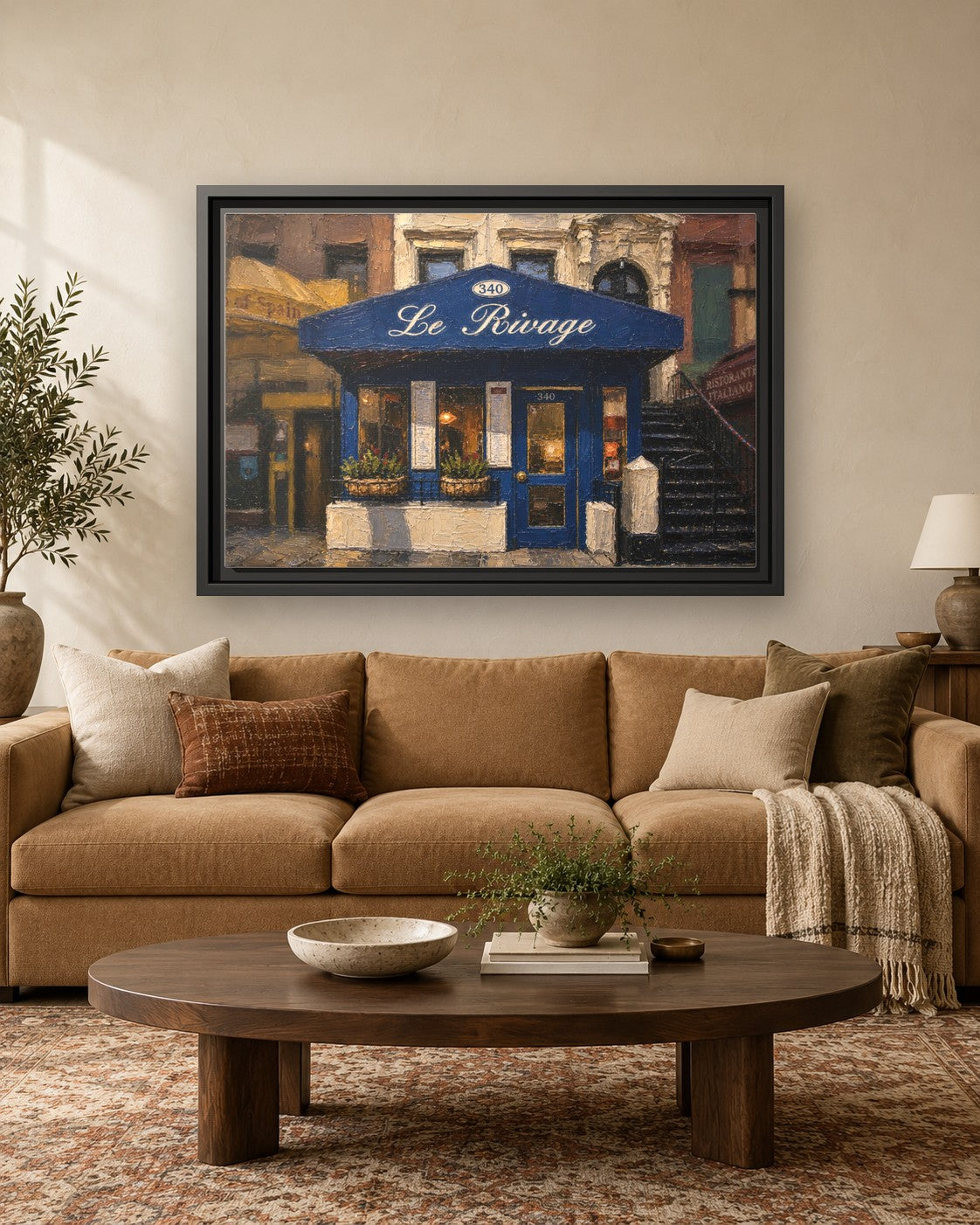 Le Rivage framed canvas print hanging above a sofa