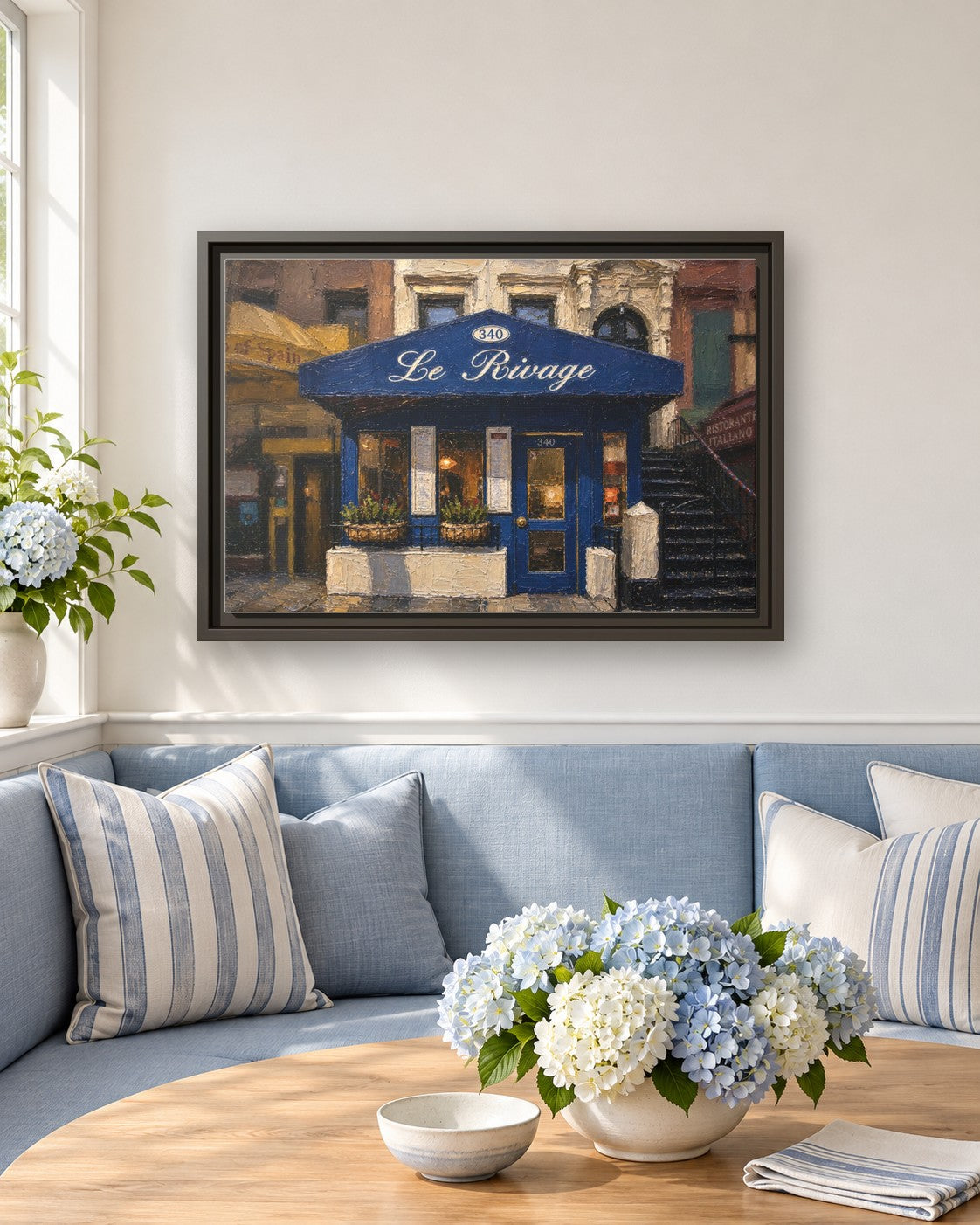 Le Rivage framed canvas print in a breakfast nook