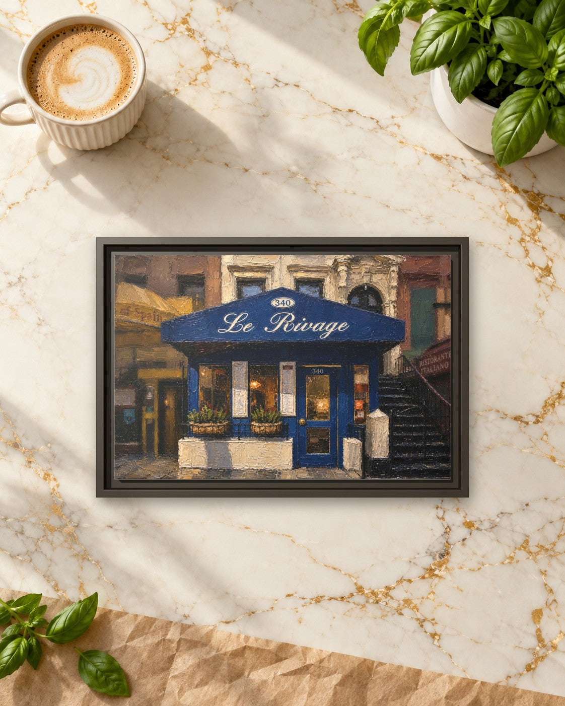 Le Rivage framed canvas print lying on a table