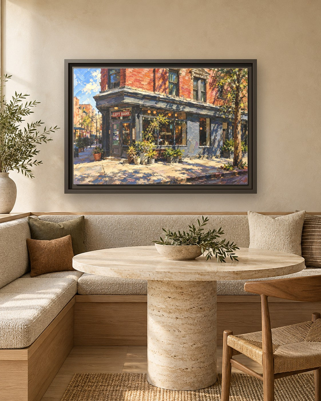 Left Bank framed canvas print in a breakfast nook