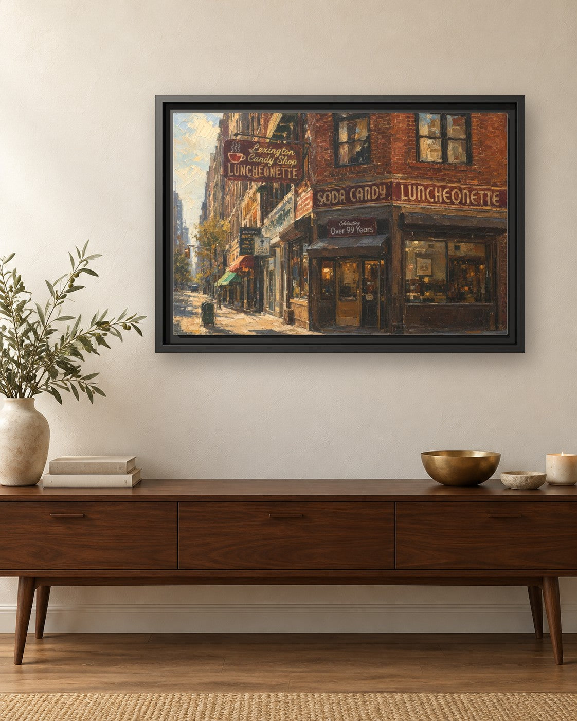 Lexington Candy Shop framed canvas print hanging above a credenza