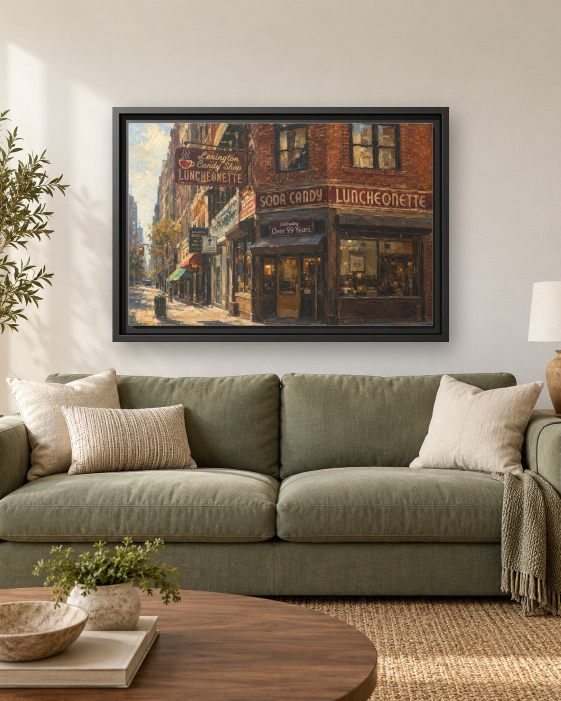 Lexington Candy Shop framed canvas print hanging above a sofa
